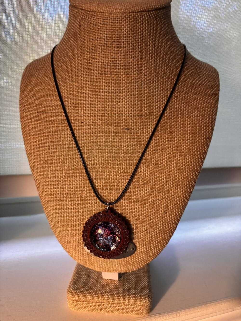 Boho Wood Pendant Necklace Statement Medallion Cord Adjustable 12"